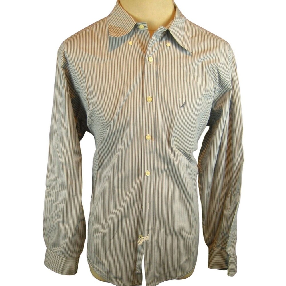 Mens Nautica Blue Stripe Poplin Cotton LS Dress Shirt sz XL